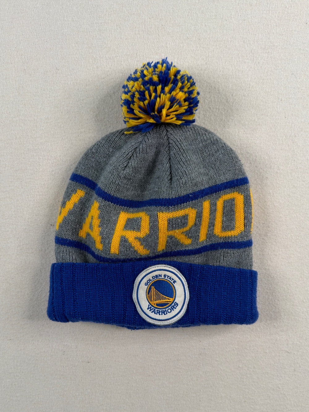 Mitchell & Ness Golden State Warriors Pom Beanie Gray Blue NBA Knit Hat